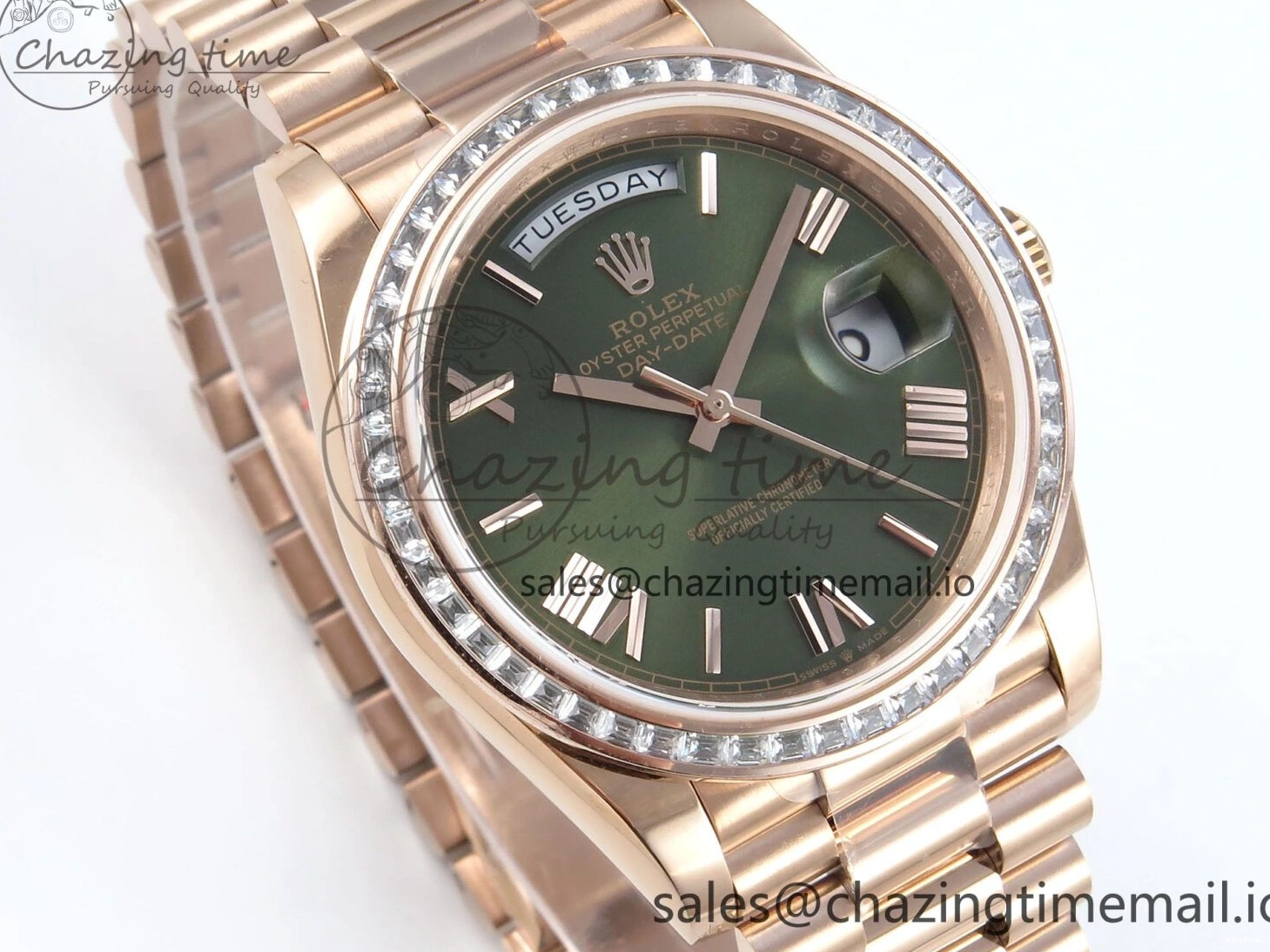 MiroTime 0310 Trendsetting DayDate 40 RG QF 1:1 Best Edition Green Roman Dial Diamonds Bezel on President Bracelet A2836 V5 (Gain Weight) 468